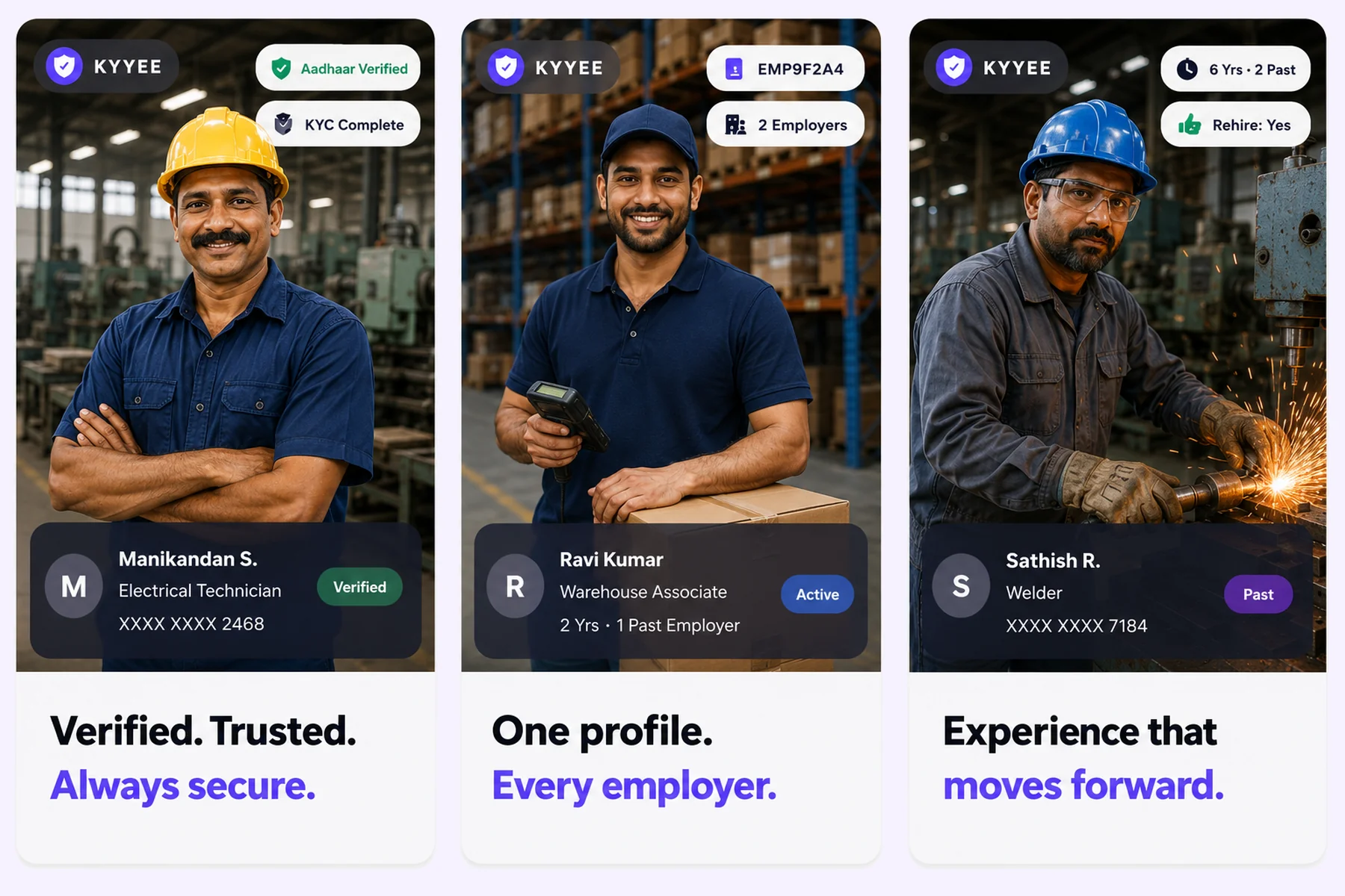 Three Aadhaar-verified KYYEE employee profile cards, each with taglines: Verified. Trusted. Always secure.; One profile. Every employer.; Experience that moves forward.